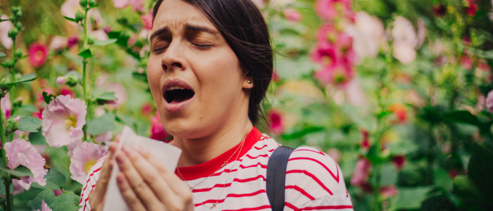 Femme qui éternue à cause de l'allergie au pollen